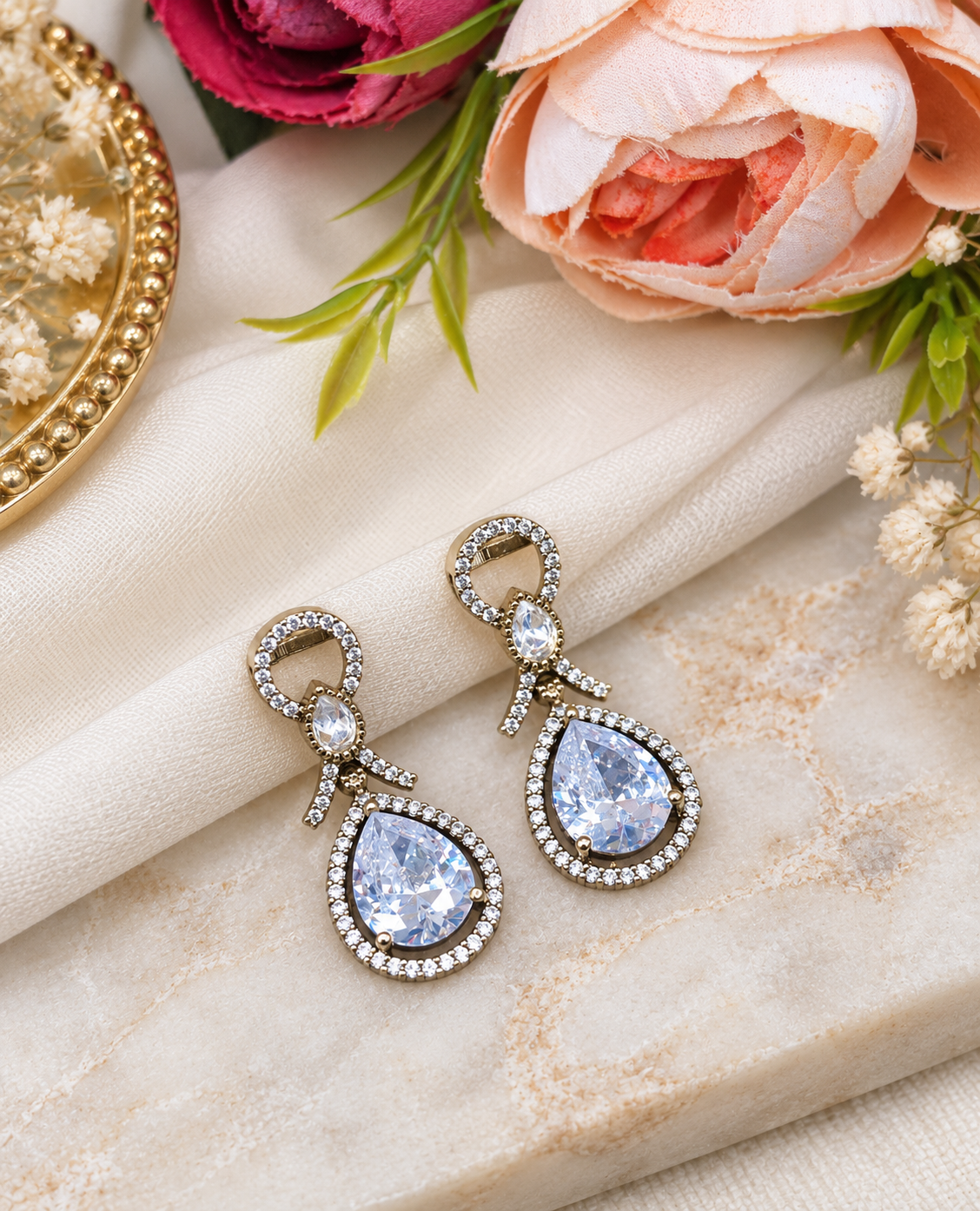 Elegant Teardrop Halo Drop Earrings with Pavé Ribbon Accents