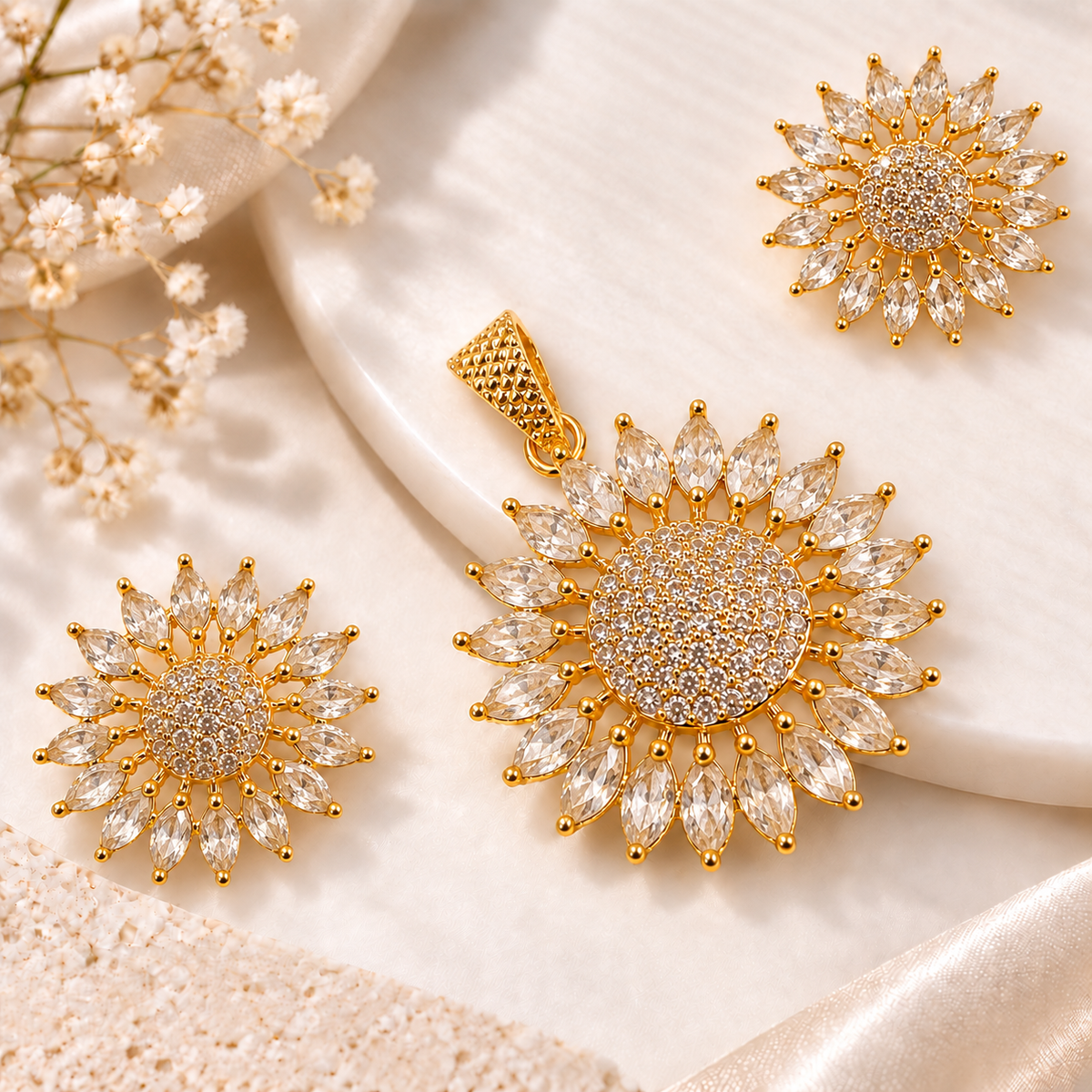 AD Gold Plated Floral Pendant Set & Matching Earrings For Woman