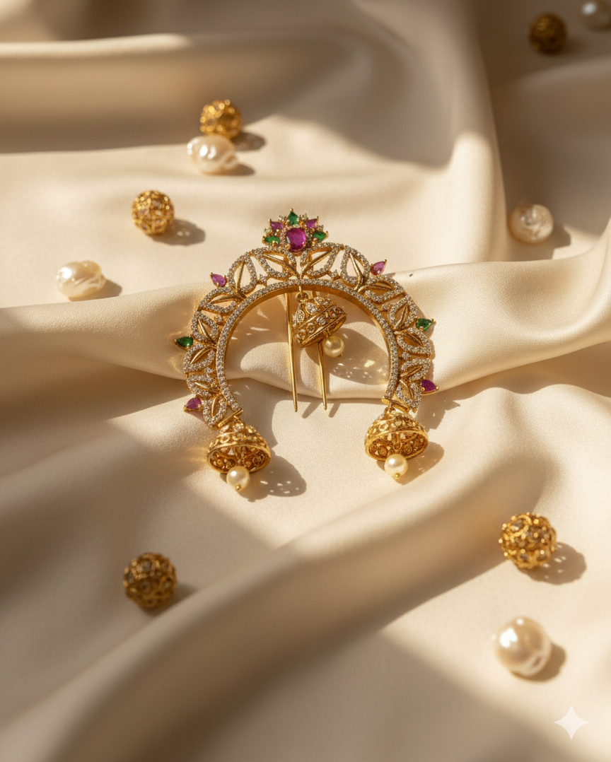 Vintage Gold Temple Hair Brooch  Traditional Stone Encrusted Jhumka Hair Pin