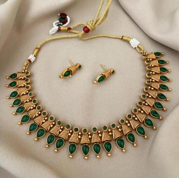 Classic And Fancy Gold Plated Tear Dropped Temple Choker Necklace With Earring Jewellery Set For Women And Girls