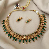 Classic And Fancy Gold Plated Tear Dropped Temple Choker Necklace With Earring Jewellery Set For Women And Girls