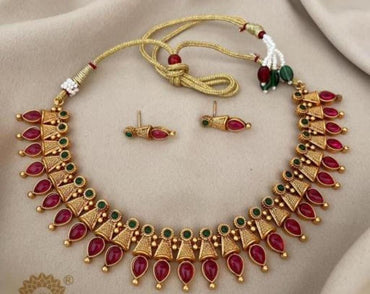 Classic And Fancy Gold Plated Tear Dropped Temple Choker Necklace With Earring Jewellery Set For Women And Girls