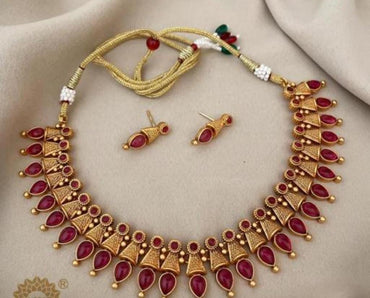 Classic And Fancy Gold Plated Tear Dropped Temple Choker Necklace With Earring Jewellery Set For Women And Girls