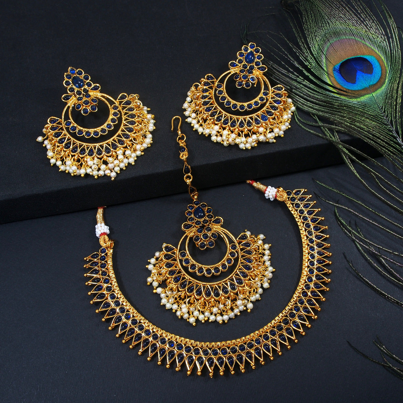 Royal Blue Stone Temple Jewellery Set with Maang Tikka