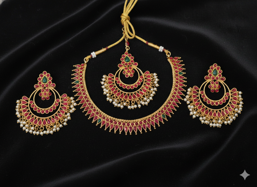 Royal Blue Stone Temple Jewellery Set with Maang Tikka