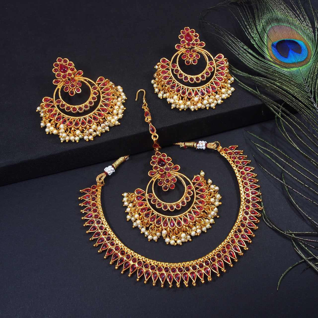 Royal Blue Stone Temple Jewellery Set with Maang Tikka