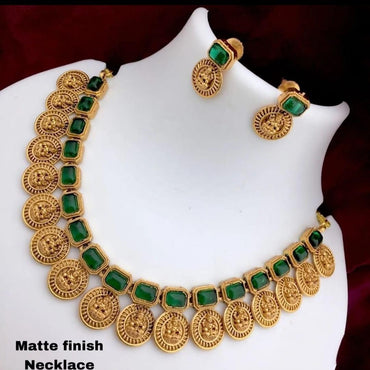 Traditional Gold Plated Square Shape Laxami Coin Design Temple Choker Necklace With Earring Jewellery Set For Women And Girls