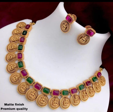 Traditional Gold Plated Square Shape Laxami Coin Design Temple Choker Necklace With Earring Jewellery Set For Women And Girls