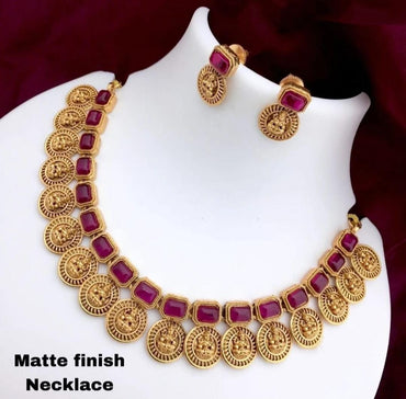 Traditional Gold Plated Square Shape Laxami Coin Design Temple Choker Necklace With Earring Jewellery Set For Women And Girls