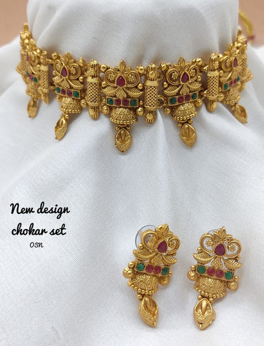 Beautiful Gold Plated Flower Design Collar Bone Temple Necklace With Jhumki Type Earring Jewellery Set For Women And Girls