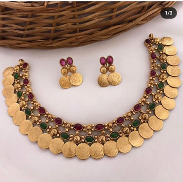 Classic Traditional Gold Plated Oval Shape Laxami Coin Design Temple Choker Necklace With Matching Earring Jewellery Set For Women And Girls