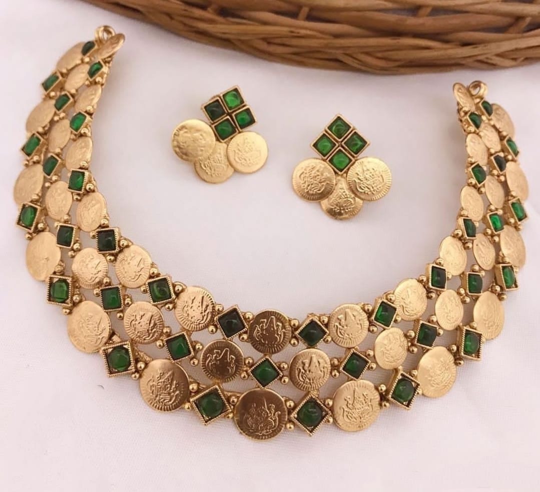 Triple Layer Lakshmi Coin Choker Set with Ruby Pink Kemp Stones