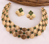Triple Layer Lakshmi Coin Choker Set with Ruby Pink Kemp Stones