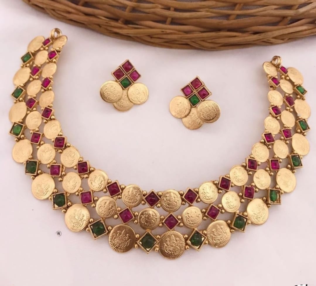 Triple Layer Lakshmi Coin Choker Set with Ruby Pink Kemp Stones
