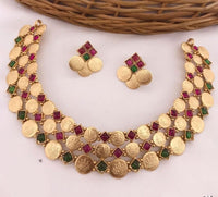 Triple Layer Lakshmi Coin Choker Set with Ruby Pink Kemp Stones