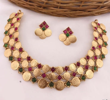 Triple Layer Lakshmi Coin Choker Set with Ruby Pink Kemp Stones