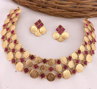 Triple Layer Lakshmi Coin Choker Set with Ruby Pink Kemp Stones