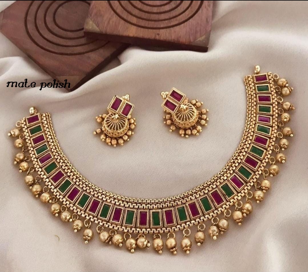 South Indian Matte Gold Multi-Color Choker Set
