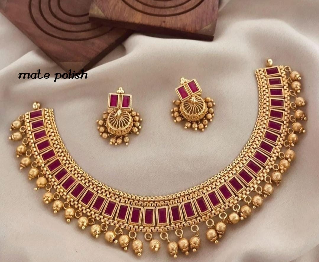South Indian Matte Gold Multi-Color Choker Set