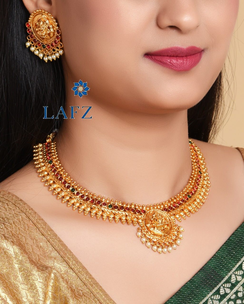 South Indian Traditional Gold Plated Laxami Necklace Pearl Dropped Temple Jewellery Set With Earrings For Women And Girls