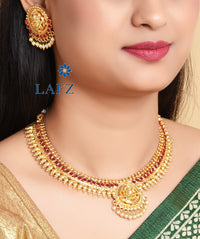 Traditional Gold Finish Green Stone Temple Jewellery Set