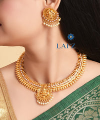 Traditional Gold Finish Green Stone Temple Jewellery Set