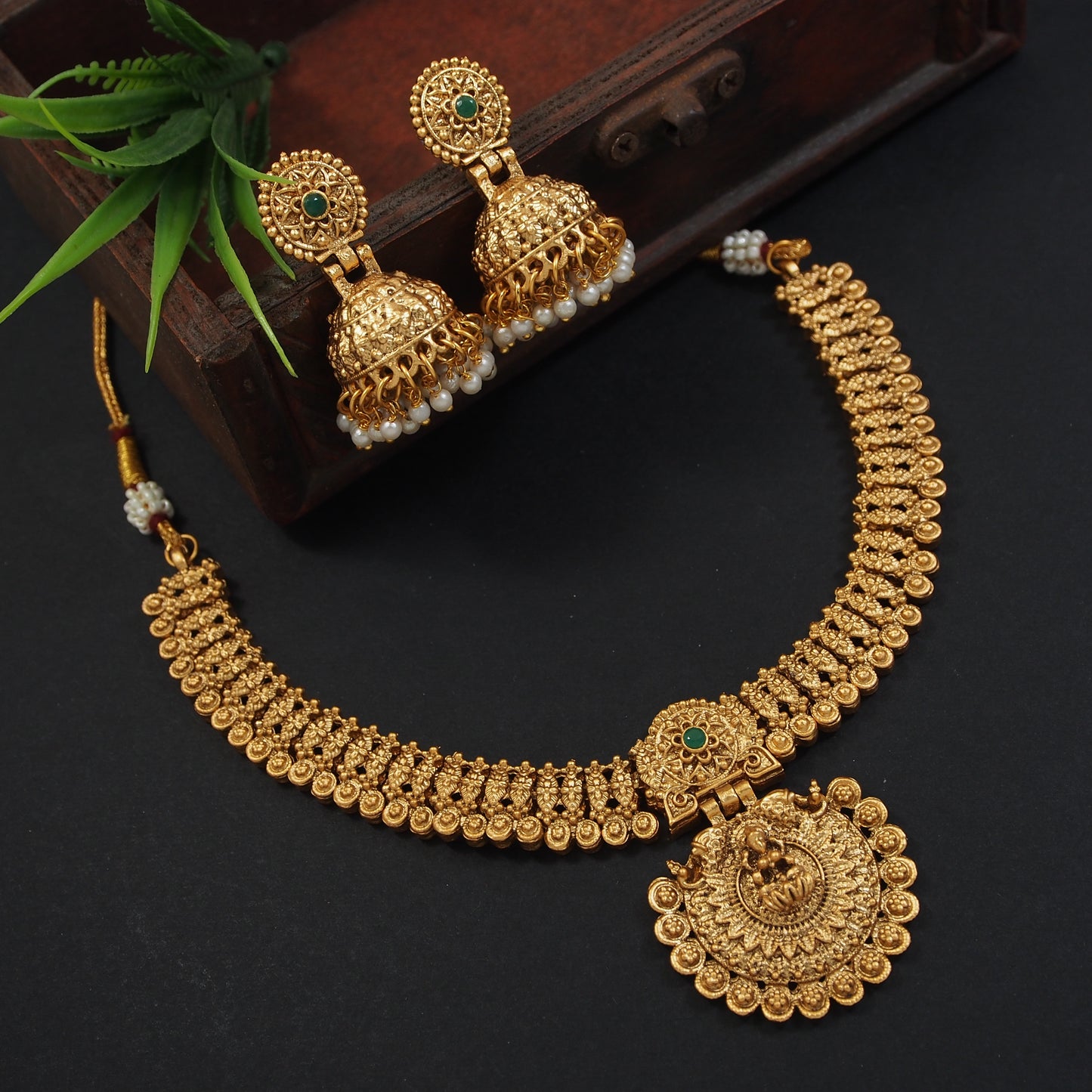 Gold Lakshmi Pendant Temple Necklace with Jhumkas