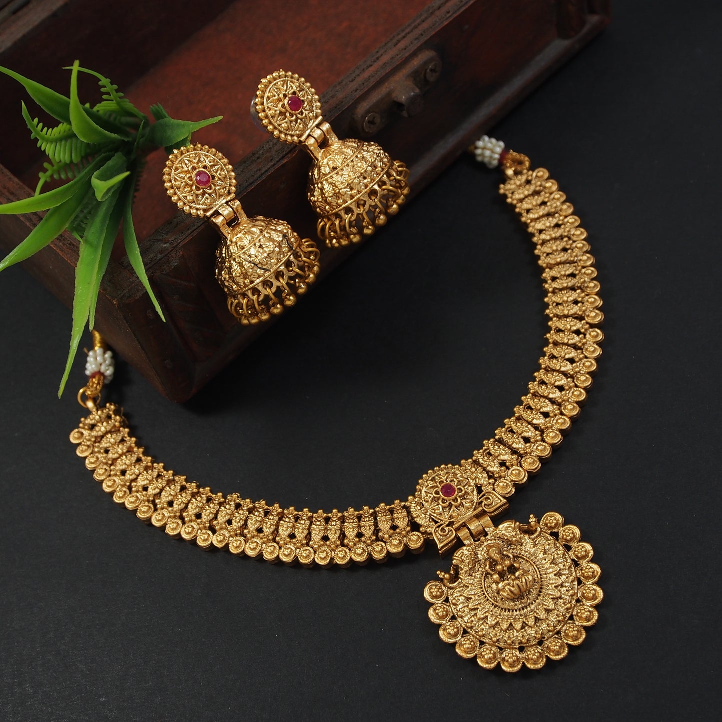Gold Lakshmi Pendant Temple Necklace with Jhumkas