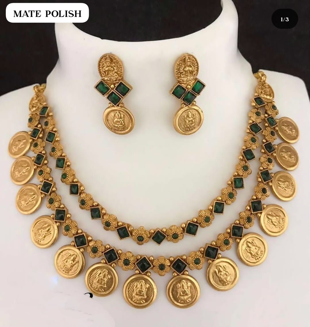 Double Layer Lakshmi Coin Temple Necklace Set with Ruby & Emerald Kemp Stones