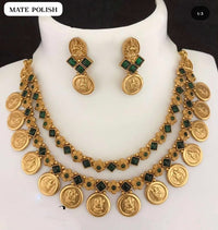 Double Layer Lakshmi Coin Temple Necklace Set with Ruby & Emerald Kemp Stones