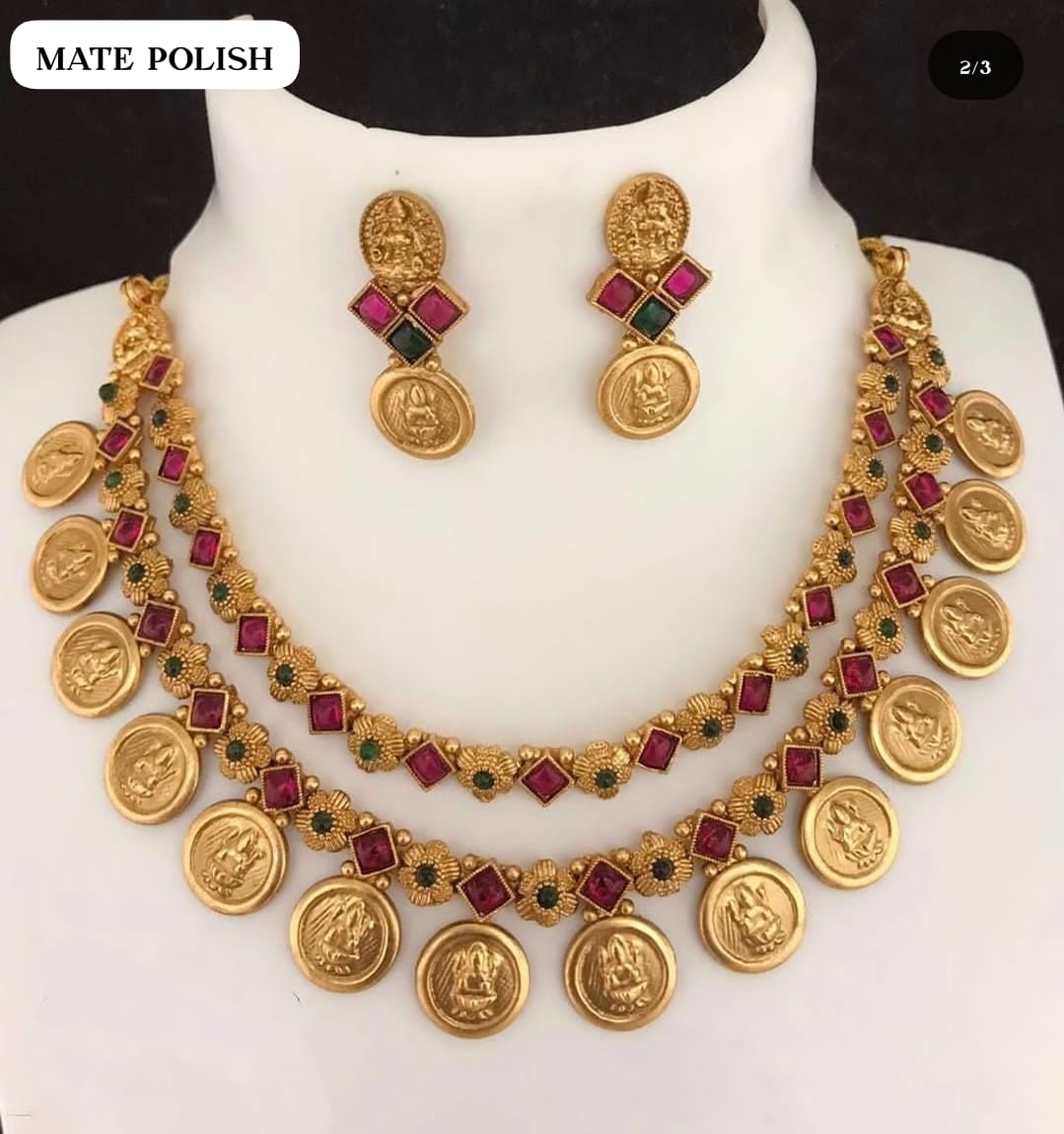 Double Layer Lakshmi Coin Temple Necklace Set with Ruby & Emerald Kemp Stones