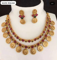 Double Layer Lakshmi Coin Temple Necklace Set with Ruby & Emerald Kemp Stones