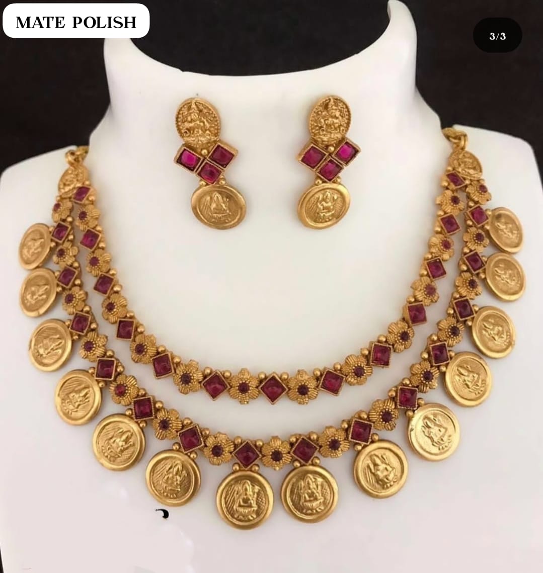 Double Layer Lakshmi Coin Temple Necklace Set with Ruby & Emerald Kemp Stones