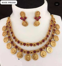Double Layer Lakshmi Coin Temple Necklace Set with Ruby & Emerald Kemp Stones