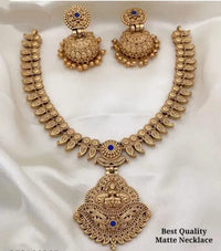Matte Gold Lakshmi Pendant Necklace Set with Royal Blue Accents