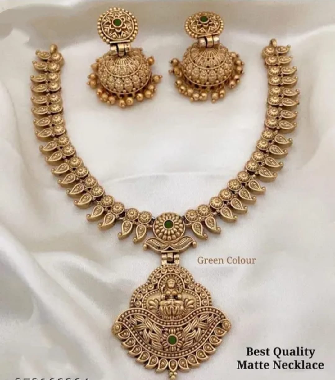 Matte Gold Lakshmi Pendant Necklace Set with Royal Blue Accents