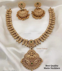 Matte Gold Lakshmi Pendant Necklace Set with Royal Blue Accents