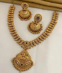 Matte Gold Lakshmi Pendant Necklace Set with Royal Blue Accents