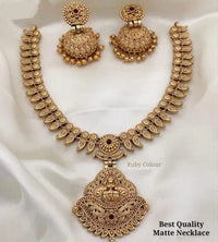 Matte Gold Lakshmi Pendant Necklace Set with Royal Blue Accents