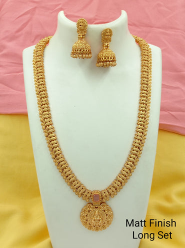 New Ethnic Gold Plated Babypink Studded Kundan Laxami Temple Long Necklace With Beautiful Jhumkhi Earring Jewellery Set For Women And Girls