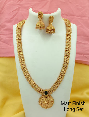 New Ethnic Gold Plated Darkgreen Studded Kundan Laxami Temple Long Necklace With Beautiful Jhumkhi Earring Jewellery Set For Women And Girls