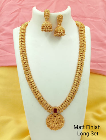 New Ethnic Gold Plated Ruby Studded Kundan Laxami Temple Long Necklace With Beautiful Jhumkhi Earring Jewellery Set For Women And Girls