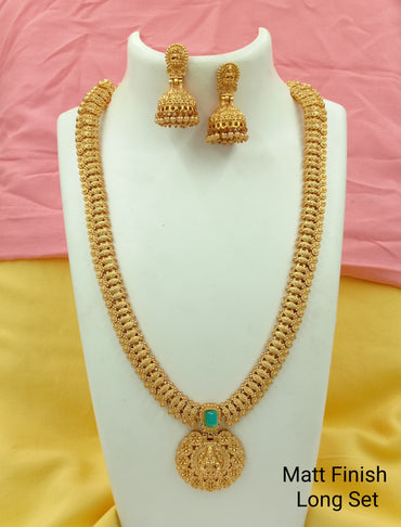 New Ethnic Gold Plated Seagreen Studded Kundan Laxami Temple Long Necklace With Beautiful Jhumkhi Earring Jewellery Set For Women And Girls