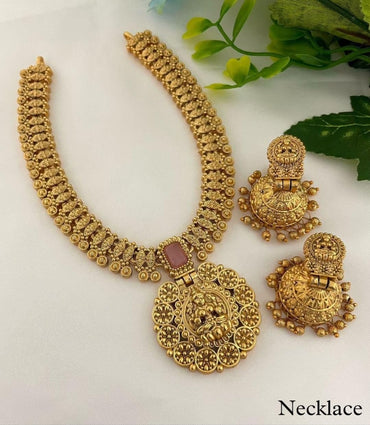 Classic Gold Toned Flower Design Babypnk Studded Kundan Laxami Temple Necklace With Jhumkhi Earring Jewellery Set For Women And Girls