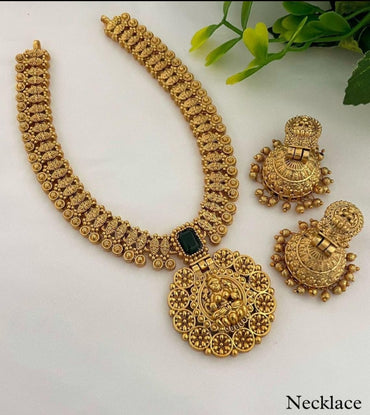Classic Gold Toned Flower Design Darkgreen Studded Kundan Laxami Temple Necklace With Jhumkhi Earring Jewellery Set For Women And Girls