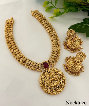 Classic Gold Toned Flower Design Ruby Studded Kundan Laxami Temple Necklace With Jhumkhi Earring Jewellery Set For Women And Girls