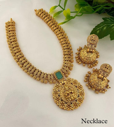 Classic Gold Toned Flower Design Seagreen Studded Kundan Laxami Temple Necklace With Jhumkhi Earring Jewellery Set For Women And Girls