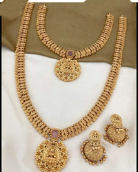 Traditional Gold Plated Bindi Style Square Shape Babypink Studded Kundan Laxami Temple Choker And Long Necklace With Jhumkhi Matching Earring Jewellery Set For Women And Girls