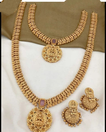 Traditional Gold Plated Bindi Style Square Shape Babypink Studded Kundan Laxami Temple Choker And Long Necklace With Jhumkhi Matching Earring Jewellery Set For Women And Girls