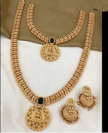 Traditional Gold Plated Bindi Style Square Shape Darkgreen Studded Kundan Laxami Temple Choker And Long Necklace With Jhumkhi Matching Earring Jewellery Set For Women And Girls